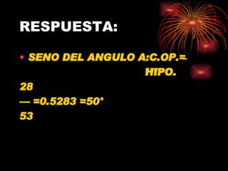 RESPUESTA: SENO DEL ANGULO A:C.OP.=  HIPO. 28 —  =0.5283 =50 ° 53 HIPO. 