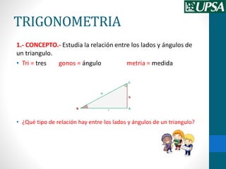 TRIGONOMETRIA
1.- CONCEPTO.- Estudia la relación entre los lados y ángulos de
un triangulo.
• Tri = tres gonos = ángulo metria = medida
• ¿Qué tipo de relación hay entre los lados y ángulos de un triangulo?
 