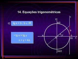 c) tg x = b ; b ∈ IR
O x
y
π/2
π 0y
3π/2
2π
b
• tg x = tg y
x = y + kπ
t
14. Equações trigonométricas
 
