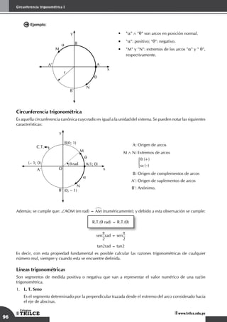 96
Circunferencia trigonométrica I
TRILCE
Colegios
www.trilce.edu.pe
	 Ejemplo:
r
y
x
A'
M
B'
B
A
N
a
q
•	 "a" ∧ "q" son arcos en posición normal.
•	 "a": positivo; "q": negativo.
•	 "M" y "N": extremos de los arcos "a" y " q",
respectivamente.
Circunferencia trigonométrica
Es aquella circunferencia canónica cuyo radio es igual a la unidad del sistema. Se pueden notar las siguientes
características:
y
x
M
B'
B(0; 1)
A(1; 0)
N
a
q
(– 1; 0)
(0; – 1)
C.T.
O
rad
q
A'
	 A: Origen de arcos
	M ∧ N: Extremos de arcos
		
:( )
:( )
+
−
θ
α
)
	 B: Origen de complementos de arcos
	 A': Origen de suplementos de arcos
	 B': Anónimo.
Además; se cumple que: ∠AOM (en rad) = AM (numéricamente); y debido a esta observación se cumple:
R.T.(q rad) = R.T.(q)
sen
p
2
rad = sen
p
2
tan2rad = tan2
Es decir, con esta propiedad fundamental es posible calcular las razones trigonométricas de cualquier
número real, siempre y cuando esta se encuentre definida.
Líneas trigonométricas
Son segmentos de medida positiva o negativa que van a representar el valor numérico de una razón
trigonométrica.
1.	 L. T. Seno
	 Es el segmento determinado por la perpendicular trazada desde el extremo del arco considerado hacia
el eje de abscisas.
 