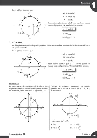 Razonamiento Matemático
97
1
Trigonometría
Unidad VI
Central: 619-8100
	 En el gráfico, tenemos que:
y
x
A' A
M
B'
N
a
q
b
C.T.
O
B
S
P
T R
MR = sena (+)
NT = senb (+)
PS = senq (–)
Debe notarse además que la L.T. seno puede ser trazada
para cualquier arco "q", verificándose así que:
– 1 ≤ senq ≤ 1
(senq)máx = 1
(senq)mín = – 1
2.	 L. T. Coseno
	 Es el segmento determinado por la perpendicular trazada desde el extremo del arco considerado hacia
el eje de ordenadas.
	 En el gráfico, tenemos que:
y
x
A' A
M
B'
N
a
q
b
C.T.
O
B
S
P T
R
MS = cosa (+)
NR = cosb (–)
PT = cosq (–)
Debe notarse además que la L.T. coseno puede ser
trazada para cualquier arco "q", verificándose así que:
– 1 ≤ cosq ≤ 1
(cosq)máx = 1
(cosq)mín = – 1
Observación:
En algunos casos habrá necesidad de ubicar arcos
cuya medida sea un número entero y se recomienda,
en esos casos, tener en cuenta la siguiente C.T.:
y
x
1,57
1
2
3
4
5
6
0
3,14
6,28
4,71
También, si queremos representar de manera
genérica los arcos que se ubican en "A", "B", A' o
B' tendremos:
(4n + 1)
p
2
y
x
B
B'
A' A
(2n + 1)p 2np
(4n + 3)
p
2
Ubicados en: ("n" ∈ )
A: 2np A': (2n+1)p
B: (4n + 1)
p
2
B': (4n + 3)
p
2
 