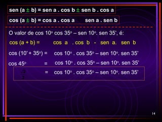 14
O valor de cos 10o
cos 35o
– sen 10o
. sen 35º
, é:
sen (a ± b) = sen a . cos b ± sen b . cos a
cos (a ± b) = cos a . cos a sen a . sen b
cos (a + b) = cos a . cos b - sen a. sen b
cos 10o
. cos 35o
– sen 10o
. sen 35ºcos (10º
+ 35o
) =
cos 10o
. cos 35o
– sen 10o
. sen 35º
cos 45o
=
= cos 10o
. cos 35o
– sen 10o
. sen 35º
2
2
 