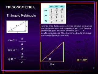 2
TRIGONOMETRIA
Triângulo Retângulo
sen α =
cos α =
tg α =
b
a
c
a
b
c
Num vão entre duas paredes, deve-se construir uma rampa
que vai da parte inferior de uma parede até o topo da outra.
Sabendo-se que a altura das paredes é de 4 3
e o vão entre elas é de 12m, determine o ângulo, em graus,
que a rampa formará com o solo.
m
12m
34
α
3
3
αtg
12
34
αtg
=
=
α = 30o
 