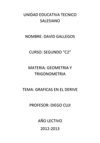 UNIDAD EDUCATIVA TECNICO
       SALESIANO


 NOMBRE: DAVID GALLEGOS


   CURSO: SEGUNDO “C2”


  MATERIA: GEOMETRIA Y
    TRIGONOMETRIA


TEMA: GRAFICAS EN EL DERIVE


   PROFESOR: DIEGO CUJI


       AÑO LECTIVO
        2012-2013
 