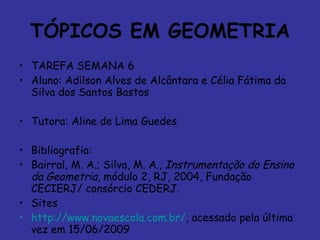TÓPICOS EM GEOMETRIA TAREFA SEMANA 6 Aluno: Adilson Alves de Alcântara e Célia Fátima da Silva dos Santos Bastos  Tutora: Aline de Lima Guedes Bibliografia:  Bairral, M. A.; Silva, M. A.,  Instrumentação do Ensino da Geometria , módulo 2, RJ, 2004, Fundação CECIERJ/ consórcio CEDERJ .   Sites http://www.novaescola.com.br/ , acessado pela última vez em 15/06/2009 