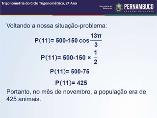 Voltando a nossa situação-problema:
Portanto, no mês de novembro, a população era de
425 animais.
Trigonometria do Ciclo Trigonométrico, 2º Ano
 