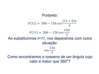 Portanto:
Ao substituirmos t=11, nos deparamos com outra
situação:
Como encontramos o cosseno de um ângulo cujo
valor é maior que 360°?
Trigonometria do Ciclo Trigonométrico, 2º Ano
 