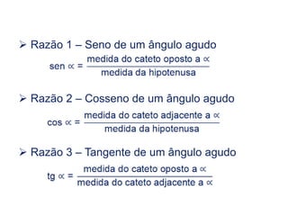  Razão 1 – Seno de um ângulo agudo
 Razão 2 – Cosseno de um ângulo agudo
 Razão 3 – Tangente de um ângulo agudo
Trigonometria do Ciclo Trigonométrico, 2º Ano
 