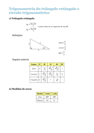 Trigonometria do triângulo retângulo e
círculo trigonométrico
1) Triângulo retângulo




  Definições




  Ângulos notáveis




2) Medidas de arcos
 
