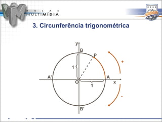 3. Circunferência trigonométrica

                y
                    B
                             P
                                         +
            1

    A’                           A
                O                    x
                         1

                                         -

                    B’
 