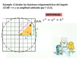  
c
b
a
HIPOTENUSA
Ejemplo :Calcular las funciones trigonométricas del ángulo
∡𝑪𝑨𝑩 =∝ y su amplitud sabiendo que P (3,3)...