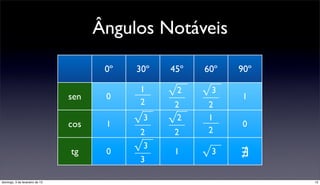 Ângulos Notáveis

                                       0º   30º   45º   60º   90º

                                sen    0
                                            1     √2    √3    1
                                            2      2    2

                                cos    1
                                            √3    √2    1
                                                              0
                                             2    2     2
                                            √3          √3
                                tg     0
                                            3
                                                   1          ∄
domingo, 3 de fevereiro de 13                                       13
 