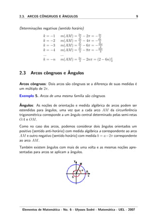 2.3. ARCOS CˆONGRUOS E ˆANGULOS 9
Determina¸c˜oes negativas (sentido hor´ario)
k = −1 m(AM) = 2π
3 − 2π = −4π
3
k = −2 m(AM) = 2π
3 − 4π = −6π
3
k = −3 m(AM) = 2π
3 − 6π = −16π
3
k = −4 m(AM) = 2π
3 − 8π = −22π
3
... ...
k = −n m(AM) = 2π
3 − 2nπ = (2 − 6n)π
3
2.3 Arcos cˆongruos e ˆAngulos
Arcos cˆongruos: Dois arcos s˜ao cˆongruos se a diferen¸ca de suas medidas ´e
um m´ultiplo de 2π.
Exemplo 5. Arcos de uma mesma fam´ılia s˜ao cˆongruos.
ˆAngulos: As no¸c˜oes de orienta¸c˜ao e medida alg´ebrica de arcos podem ser
estendidas para ˆangulos, uma vez que a cada arco AM da circunferˆencia
trigonom´etrica corresponde a um ˆangulo central determinado pelas semi-retas
OA e OM.
Como no caso dos arcos, podemos considerar dois ˆangulos orientados um
positivo (sentido anti-hor´ario) com medida alg´ebrica a correspondente ao arco
AM e outro negativo (sentido hor´ario) com medida b = a−2π correspondente
ao arco AM.
Tamb´em existem ˆangulos com mais de uma volta e as mesmas no¸c˜oes apre-
sentadas para arcos se aplicam a ˆangulos.
Elementos de Matem´atica - No. 6 - Ulysses Sodr´e - Matem´atica - UEL - 2007
 
