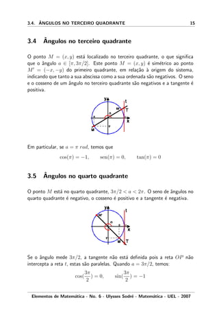 3.4. ˆANGULOS NO TERCEIRO QUADRANTE 15
3.4 ˆAngulos no terceiro quadrante
O ponto M = (x, y) est´a localizado no terceiro quadrante, o que signiﬁca
que o ˆangulo a ∈ [π, 3π/2]. Este ponto M = (x, y) ´e sim´etrico ao ponto
M = (−x, −y) do primeiro quadrante, em rela¸c˜ao `a origem do sistema,
indicando que tanto a sua abscissa como a sua ordenada s˜ao negativos. O seno
e o cosseno de um ˆangulo no terceiro quadrante s˜ao negativos e a tangente ´e
positiva.
Em particular, se a = π rad, temos que
cos(π) = −1, sen(π) = 0, tan(π) = 0
3.5 ˆAngulos no quarto quadrante
O ponto M est´a no quarto quadrante, 3π/2 < a < 2π. O seno de ˆangulos no
quarto quadrante ´e negativo, o cosseno ´e positivo e a tangente ´e negativa.
Se o ˆangulo mede 3π/2, a tangente n˜ao est´a deﬁnida pois a reta OP n˜ao
intercepta a reta t, estas s˜ao paralelas. Quando a = 3π/2, temos:
cos(
3π
2
) = 0, sin(
3π
2
) = −1
Elementos de Matem´atica - No. 6 - Ulysses Sodr´e - Matem´atica - UEL - 2007
 