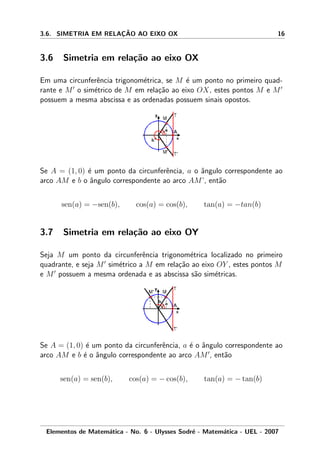 3.6. SIMETRIA EM RELAC¸ ˜AO AO EIXO OX 16
3.6 Simetria em rela¸c˜ao ao eixo OX
Em uma circunferˆencia trigonom´etrica, se M ´e um ponto no primeiro quad-
rante e M o sim´etrico de M em rela¸c˜ao ao eixo OX, estes pontos M e M
possuem a mesma abscissa e as ordenadas possuem sinais opostos.
Se A = (1, 0) ´e um ponto da circunferˆencia, a o ˆangulo correspondente ao
arco AM e b o ˆangulo correspondente ao arco AM’, ent˜ao
sen(a) = −sen(b), cos(a) = cos(b), tan(a) = −tan(b)
3.7 Simetria em rela¸c˜ao ao eixo OY
Seja M um ponto da circunferˆencia trigonom´etrica localizado no primeiro
quadrante, e seja M sim´etrico a M em rela¸c˜ao ao eixo OY , estes pontos M
e M possuem a mesma ordenada e as abscissa s˜ao sim´etricas.
Se A = (1, 0) ´e um ponto da circunferˆencia, a ´e o ˆangulo correspondente ao
arco AM e b ´e o ˆangulo correspondente ao arco AM , ent˜ao
sen(a) = sen(b), cos(a) = − cos(b), tan(a) = − tan(b)
Elementos de Matem´atica - No. 6 - Ulysses Sodr´e - Matem´atica - UEL - 2007
 