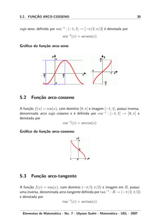 5.2. FUNC¸ ˜AO ARCO-COSSENO 30
cujo seno, deﬁnida por sen−1
: [−1, 1] → [−π/2, π/2] ´e denotada por
sen−1
(x) = arcsen(x)
Gr´aﬁco da fun¸c˜ao arco-seno
5.2 Fun¸c˜ao arco-cosseno
A fun¸c˜ao f(x) = cos(x), com dom´ınio [0, π] e imagem [−1, 1], possui inversa,
denominada arco cujo cosseno e ´e deﬁnida por cos−1
: [−1, 1] → [0, π] e
denotada por
cos−1
(x) = arccos(x)
Gr´aﬁco da fun¸c˜ao arco-cosseno:
5.3 Fun¸c˜ao arco-tangente
A fun¸c˜ao f(x) = tan(x), com dom´ınio (−π/2, π/2) e imagem em R, possui
uma inversa, denominada arco-tangente deﬁnida por tan−1
: R → (−π/2, π/2)
e denotada por
tan−1
(x) = arctan(x)
Elementos de Matem´atica - No. 7 - Ulysses Sodr´e - Matem´atica - UEL - 2007
 