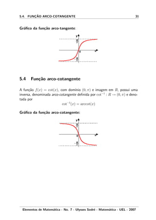 5.4. FUNC¸ ˜AO ARCO-COTANGENTE 31
Gr´aﬁco da fun¸c˜ao arco-tangente:
5.4 Fun¸c˜ao arco-cotangente
A fun¸c˜ao f(x) = cot(x), com dom´ınio (0, π) e imagem em R, possui uma
inversa, denominada arco-cotangente deﬁnida por cot−1
: R → (0, π) e deno-
tada por
cot−1
(x) = arccot(x)
Gr´aﬁco da fun¸c˜ao arco-cotangente:
Elementos de Matem´atica - No. 7 - Ulysses Sodr´e - Matem´atica - UEL - 2007
 