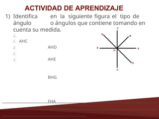 ACTIVIDAD DE APRENDIZAJE
1) Identifica en la siguiente figura el tipo de
ángulo o ángulos que contiene tomando en
cuenta su medida.
AHC
AHD
AHE
BHG
FHA
 