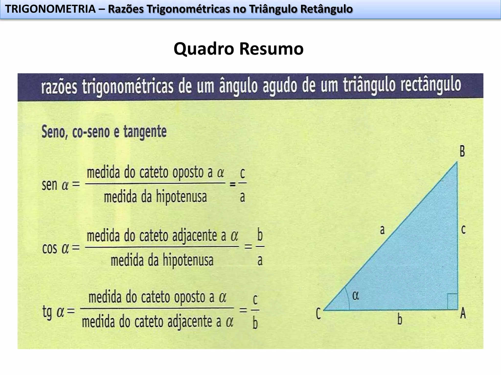 TRIGONOMETRIA – Razões Trigonométricas no Triângulo Retângulo
Quadro Resumo
 
