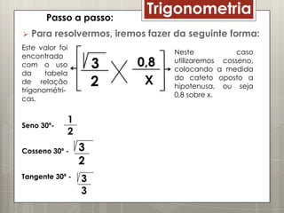 Passo a passo:
                            Trigonometria
   Para resolvermos, iremos fazer da seguinte forma:
Este valor foi
                                  Neste            caso
encontrado
                                  utilizaremos cosseno,
com o uso
                                  colocando a medida
da     tabela
                                  do cateto oposto a
de relação
                                  hipotenusa, ou seja
trigonométri-
                                  0,8 sobre x.
cas.


Seno 30º-


Cosseno 30º -


Tangente 30º -
 