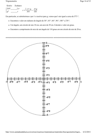 Trigonometria                                                                                         Page 14 of 15




Em particular, se substituirmos r por 1 e resolver para g, vemos que1 raio igual a cerca de 57'3 °.

      Encontrar o valor em radianos do ângulo de 30 º, 45 º, 60 º, 90 º, 180 º e 270 º.

      Um ângulo, um círculo de raio 10 cm, um arco de 29 cm. Calcular o valor em graus.

      Encontrar o comprimento do arco de um ângulo de 110 graus em um círculo de raio de 20 m.



************************************************** *****************************




http://www.juntadeandalucia.es/averroes/iesarroyo/matematicas/materiales/4eso/geometria/trigon... 6/12/2011
 