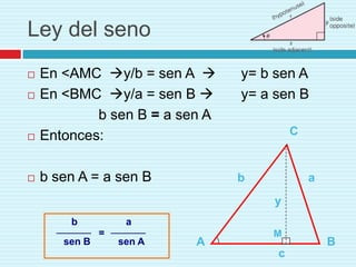 Ley del seno
   En <AMC y/b = sen A       y= b sen A
   En <BMC y/a = sen B       y= a sen B
            b sen B = a sen A
   Entonces:                            C


   b sen A = a sen B           b            a
                                    y
        b           a
               =                    M
       sen B       sen A   A                     B
                                     c
 