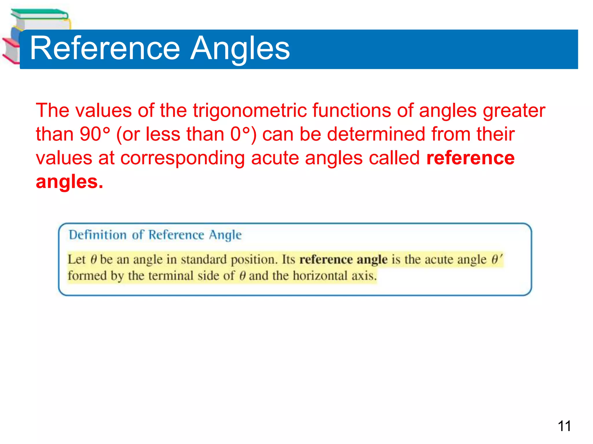 11
Reference Angles
The values of the trigonometric functions of angles greater
than 90 (or less than 0) can be determined from their
values at corresponding acute angles called reference
angles.
 