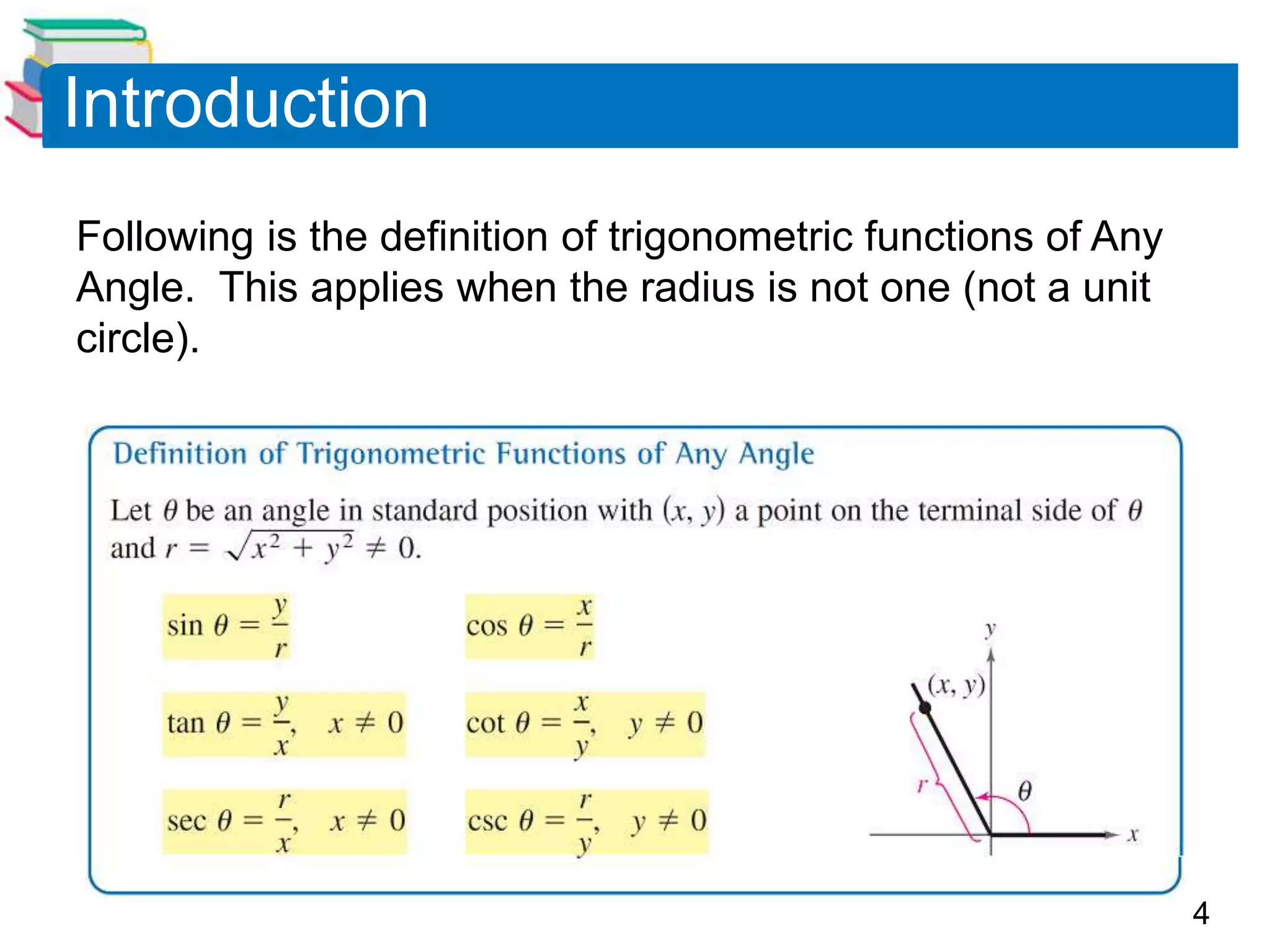 4
Introduction
Following is the definition of trigonometric functions of Any
Angle. This applies when the radius is not one (not a unit
circle).
 