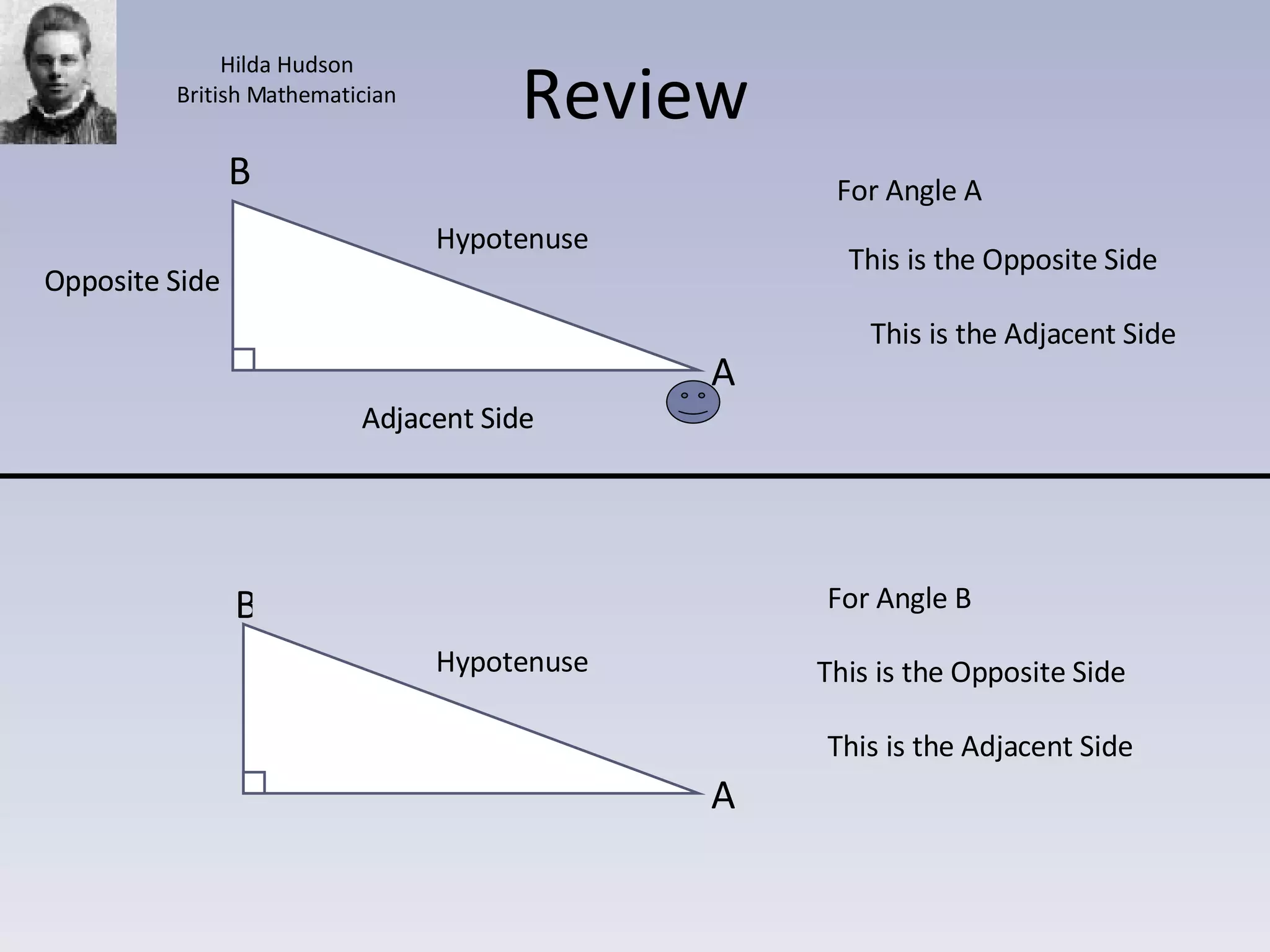 Review Hypotenuse Hypotenuse Opposite Side Adjacent Side A B For Angle A This is the Opposite Side This is the Adjacent Side For Angle B A This is the Adjacent Side This is the Opposite Side Opposite Side Adjacent Side B Hilda Hudson British Mathematician 