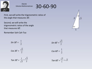 30-60-90 First, we will write the trigonometric ratios of the angle that measures 30 ̊. Second, we will write the trigonometric ratios of the angle that measures 60 ̊. Remember Soh-Cah-Toa Oleinik Ukraine Mathematician 1 2 Sin 30 ̊ =  Cos 30 ̊ =  Tan 30 ̊ =  Sin 60 ̊ =  Cos 60 ̊ =  Tan 60 ̊ =  