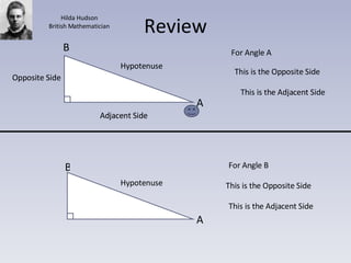 Review Hypotenuse Hypotenuse Opposite Side Adjacent Side A B For Angle A This is the Opposite Side This is the Adjacent Side For Angle B A This is the Adjacent Side This is the Opposite Side Opposite Side Adjacent Side B Hilda Hudson British Mathematician 