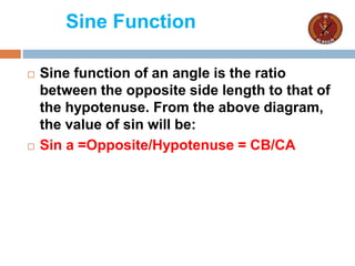 Sine Function
 Sine function of an angle is the ratio
between the opposite side length to that of
the hypotenuse. From the above diagram,
the value of sin will be:
 Sin a =Opposite/Hypotenuse = CB/CA
 