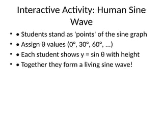 Interactive Activity: Human Sine
Wave
• • Students stand as 'points' of the sine graph
• • Assign θ values (0°, 30°, 60°, ...)
• • Each student shows y = sin θ with height
• • Together they form a living sine wave!
 