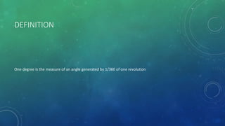 CONVERSION
We use the following formula to convert degree into radian
1◦ = ∏ / 180 radian ≈ 0.01745 radian
 