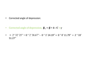 • Corrected angle of depression:
• Corrected angle of depression, 𝛃1 = 𝛃 + δ - C +𝛾
• = 2° 32’ 25’’ + 0 ° 2’ 38.67’’ - 0 ° 1’ 24.19’’ + 0 ° 0’ 11.79’’ = 2 ° 33’
51.27’’
 
