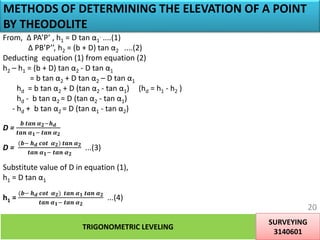METHODS OF DETERMINING THE ELEVATION OF A POINT
BY THEODOLITE
From, Δ PA’P’ , h1 = D tan α1
. ....(1)
Δ PB’P’’, h2 = (b + D) tan α2 ....(2)
Deducting equation (1) from equation (2)
h2 – h1 = (b + D) tan α2 - D tan α1
= b tan α2 + D tan α2 – D tan α1
hd = b tan α2 + D (tan α2 - tan α1) (hd = h1 - h2 )
hd - b tan α2 = D (tan α2 - tan α1)
- hd + b tan α2 = D (tan α1 - tan α2)
D =
𝒃 𝒕𝒂𝒏 𝜶 𝟐−𝒉 𝒅
𝒕𝒂𝒏 𝜶 𝟏− 𝒕𝒂𝒏 𝜶 𝟐
D =
(𝒃− 𝒉 𝒅 𝒄𝒐𝒕 𝜶 𝟐) 𝒕𝒂𝒏 𝜶 𝟐
𝒕𝒂𝒏 𝜶 𝟏− 𝒕𝒂𝒏 𝜶 𝟐
...(3)
Substitute value of D in equation (1),
h1 = D tan α1
h1 =
(𝒃− 𝒉 𝒅 𝒄𝒐𝒕 𝜶 𝟐) 𝒕𝒂𝒏 𝜶 𝟏 𝒕𝒂𝒏 𝜶 𝟐
𝒕𝒂𝒏 𝜶 𝟏− 𝒕𝒂𝒏 𝜶 𝟐
...(4)
TRIGONOMETRIC LEVELING
SURVEYING
3140601
20
 