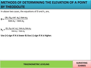 METHODS OF DETERMINING THE ELEVATION OF A POINT
BY THEODOLITE
TRIGONOMETRIC LEVELING
SURVEYING
3140601
21
In above two cases, the equations of D and h1 are,
D =
(𝒃± 𝒉 𝒅 𝒄𝒐𝒕 𝜶 𝟐) 𝒕𝒂𝒏 𝜶 𝟐
𝒕𝒂𝒏 𝜶 𝟏− 𝒕𝒂𝒏 𝜶 𝟐
h1 =
(𝒃± 𝒉 𝒅 𝒄𝒐𝒕 𝜶 𝟐) 𝒕𝒂𝒏 𝜶 𝟏 𝒕𝒂𝒏 𝜶 𝟐
𝒕𝒂𝒏 𝜶 𝟏− 𝒕𝒂𝒏 𝜶 𝟐
Use (+) sign if A is lower & Use (-) sign if A is higher.
 