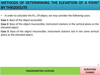 METHODS OF DETERMINING THE ELEVATION OF A POINT
BY THEODOLITE
• In order to calculate the R.L. Of object, we may consider the following cases.
Case 1: Base of the object accessible
Case 2: Base of the object inaccessible, Instrument stations in the vertical plane as the
elevated object.
Case 3: Base of the object inaccessible, Instrument stations not in the same vertical
plane as the elevated object.
TRIGONOMETRIC LEVELING
SURVEYING
3140601
9
 