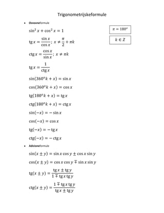 Trigonometrijske formule<br />,[object Object],4276725376555k∈Z00k∈Zsin2x+cos2x=1<br />tgx=sinxcosx; x≠π2+πk<br />ctgx=cosxsinx; x≠πk<br />tgx=1ctgx<br />sin360ok+x=sinx<br />cos360ok+x=cosx<br />tg180ok+x=tgx<br />ctg180ok+x=ctgx<br />sin-x=-sinx<br />cos-x=cosx<br />tg-x=-tgx<br />ctg-x=-ctgx<br />,[object Object],sinx±y=sinxcosy±cosxsiny<br />cosx±y=cosxcosy∓sinxsiny<br />tg(x±y)=tgx±tgy1∓tgxtgy<br />ctgx±y=1∓tgxtgytgx±tgy<br />,[object Object],sin2x=2sinxcosx<br />cos2x=cos2x-sin2x<br />tg2x=2tgx1-tg2x<br />,[object Object],|sinx2|=1-cosx2<br />|cosx2|=1+cosx2<br />|tgx2|=1-cosx1+cosx<br />,[object Object],sin3x=3sinx-4sin3x<br />cos3x=4cos3x-3cosx<br />,[object Object],sinxsiny=12(cosx-b-cosx+y)<br />sinxcosy=12(sinx-b+sinx+y)<br />cosxcosy=12(cosx-b+cosx+y)<br />,[object Object],sinx+siny=2sinx+y2cosx-y2<br />sinx-siny=2cosx+y2sinx-y2<br />cosx+cosy=2cosx+y2cosx-y2<br />cosx-cosy=-2sinx+y2sinx-y2<br />tgx±tgy=sin(x±y)cosxcosy<br />ctgx±ctgy=sin(y±x)sinxsiny<br />,[object Object],561975721360sin60o=32cos60o=12tg60o=3ctg60o=33020000sin60o=32cos60o=12tg60o=3ctg60o=332019300721360sin30o=12cos30o=32tg30o=33ctg30o=3020000sin30o=12cos30o=32tg30o=33ctg30o=33476625721360sin45o=22cos45o=22tg45o=1ctg45o=1020000sin45o=22cos45o=22tg45o=1ctg45o=1<br />,[object Object],xπ2-xπ2+xπ-xπ+x3π2-x3π2+x2π-x2π+xsinxcosxcosxsinx-sinx-cosx-cosx-sinxsinxcosxsinx-sinx-cosx-cosx-sinxsinxcosxcosxtgxctgx-ctgx-tgxtgxctgx-ctgx-tgxtgxctgxtgx-tgx-ctgxctgxtgx-tgx-ctgxctgx<br />