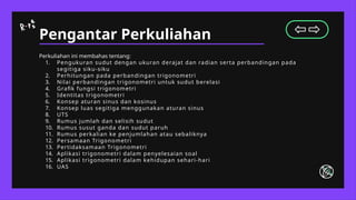 Pengantar Perkuliahan
Perkuliahan ini membahas tentang:
1. Pengukuran sudut dengan ukuran derajat dan radian serta perbandingan pada
segitiga siku-siku
2. Perhitungan pada perbandingan trigonometri
3. Nilai perbandingan trigonometri untuk sudut berelasi
4. Grafik fungsi trigonometri
5. Identitas trigonometri
6. Konsep aturan sinus dan kosinus
7. Konsep luas segitiga menggunakan aturan sinus
8. UTS
9. Rumus jumlah dan selisih sudut
10. Rumus susut ganda dan sudut paruh
11. Rumus perkalian ke penjumlahan atau sebaliknya
12. Persamaan Trigonometri
13. Pertidaksamaan Trigonometri
14. Aplikasi trigonometri dalam penyelesaian soal
15. Aplikasi trigonometri dalam kehidupan sehari-hari
16. UAS
 