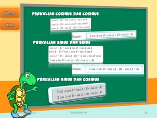 Perkalian Cosinus dan Cosinus




                  Perkalian Sinus dan Sinus




                        Perkalian Sinus dan Cosinus




SMA N 1 MEJAYAN 09/10                 TRIGONOMETRI    20
 