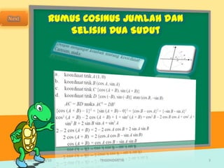 Rumus Cosinus Jumlah dan
                      Selisih Dua Sudut




SMA N 1 MEJAYAN 09/10       TRIGONOMETRI      3
 