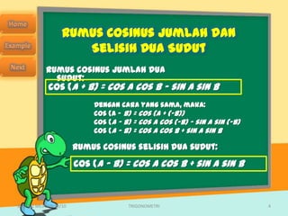 Rumus Cosinus Jumlah dan
                      Selisih Dua Sudut
            Rumus cosinus jumlah dua
              sudut:
             cos (A + B) = cos A cos B – sin A sin B
                            Dengan cara yang sama, maka:
                            cos (A – B) = cos (A + (–B))
                            cos (A – B) = cos A cos (–B) – sin A sin (–B)
                            cos (A – B) = cos A cos B + sin A sin B

                        Rumus cosinus selisih dua sudut:
                        cos (A – B) = cos A cos B + sin A sin B



SMA N 1 MEJAYAN 09/10                 TRIGONOMETRI                          4
 