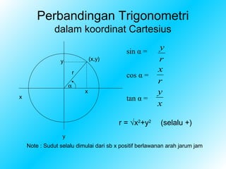 Perbandingan Trigonometri
               dalam koordinat Cartesius

                                            sin α =
                                                        y
                 y                (x,y)                 r
                          r                             x
                                            cos α =
                      α
                                                        r
                              x                         y
x                                           tan α =
                                                        x

                                          r = √x2+y2      (selalu +)
                  y
    Note : Sudut selalu dimulai dari sb x positif berlawanan arah jarum jam
 