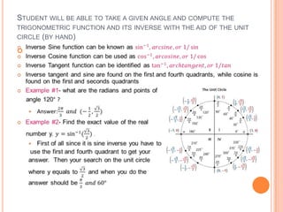 STUDENT WILL BE ABLE TO TAKE A GIVEN ANGLE AND COMPUTE THE
TRIGONOMETRIC FUNCTION AND ITS INVERSE WITH THE AID OF THE UNIT
CIRCLE (BY HAND)

 