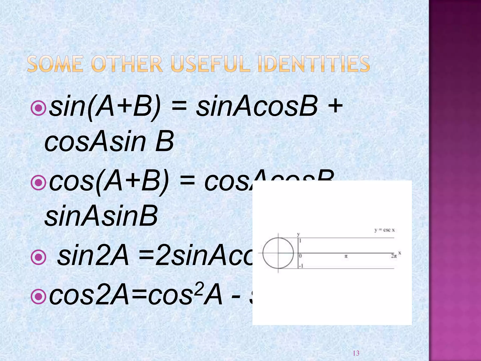 sin(A+B) = sinAcosB +
cosAsin B
cos(A+B) = cosAcosB –
sinAsinB
 sin2A =2sinAcosA
cos2A=cos2A - sin2A
13
 