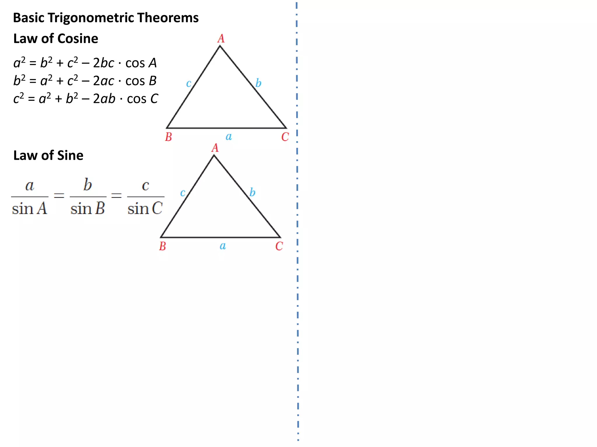 Basic Trigonometric Theorems
Law of Cosine
a2 = b2 + c2 – 2bc ⋅ cos A
b2 = a2 + c2 – 2ac ⋅ cos B
c2 = a2 + b2 – 2ab ⋅ cos C

Law of Sine

 