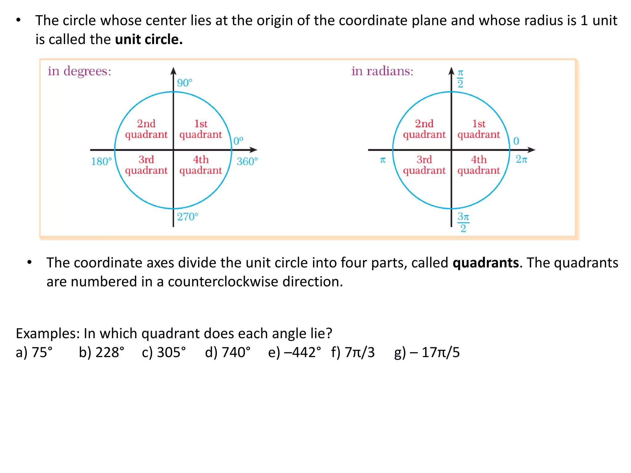 • The circle whose center lies at the origin of the coordinate plane and whose radius is 1 unit
is called the unit circle.

• The coordinate axes divide the unit circle into four parts, called quadrants. The quadrants
are numbered in a counterclockwise direction.
Examples: In which quadrant does each angle lie?
a) 75°
b) 228° c) 305° d) 740° e) –442° f) 7π/3

g) – 17π/5

 