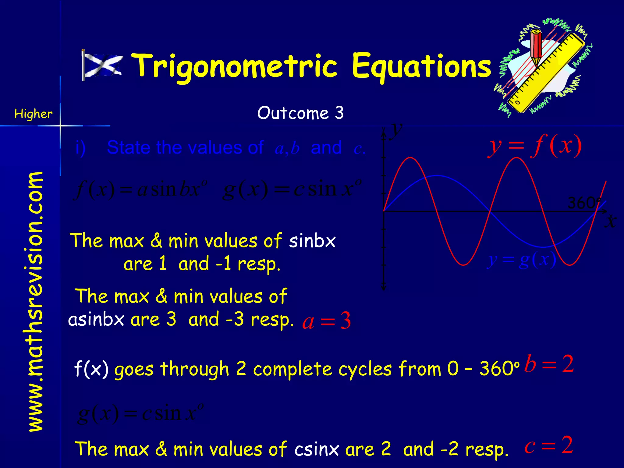 Trigonometric Equations
Outcome 3

Higher

www.mathsrevision.com

i)

State the values of a, b and c.

y

y

y = f ( x)

f ( x) = a sin bx o g ( x) = c sin x o
The max & min values of sinbx
are 1 and -1 resp.
The max & min values of
asinbx are 3 and -3 resp.

360o

y = g ( x)

a=3

f(x) goes through 2 complete cycles from 0 – 360o b =

2

g ( x) = c sin x o
The max & min values of csinx are 2 and -2 resp.

c=2

x
x

 