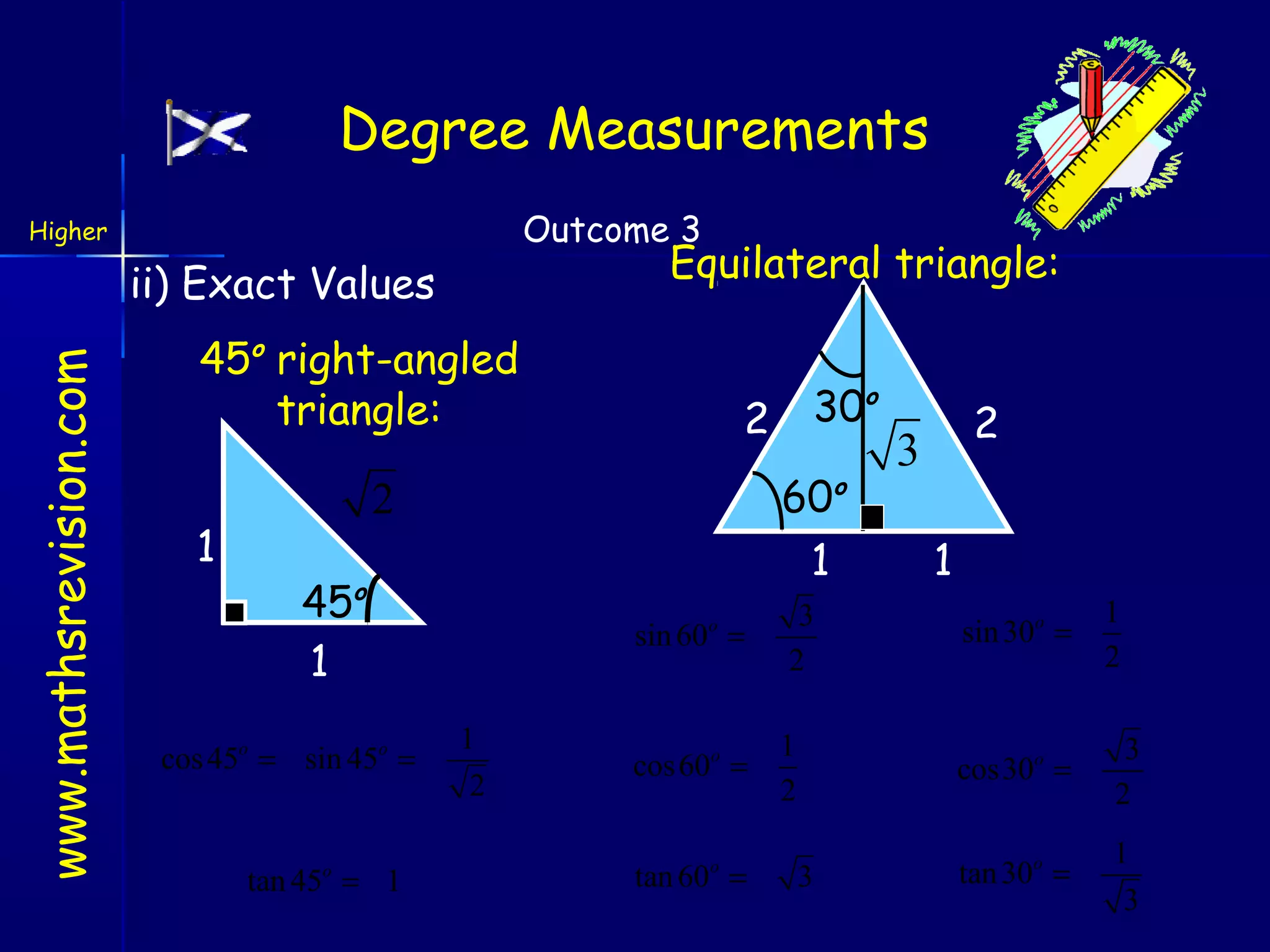 Degree Measurements
Outcome 3

Higher

Equilateral triangle:

www.mathsrevision.com

ii) Exact Values
45o right-angled
triangle:
1

2

60o
1

2
45o
1

cos 45o = sin 45o =

tan 45 = 1
o

30o

2

3
1

1
2

sin 60o =
1
2

3
2

sin 30o =

cos 60o =

1
2

cos30o =

3
2

tan 30o =

1
3

tan 60o =

3

 